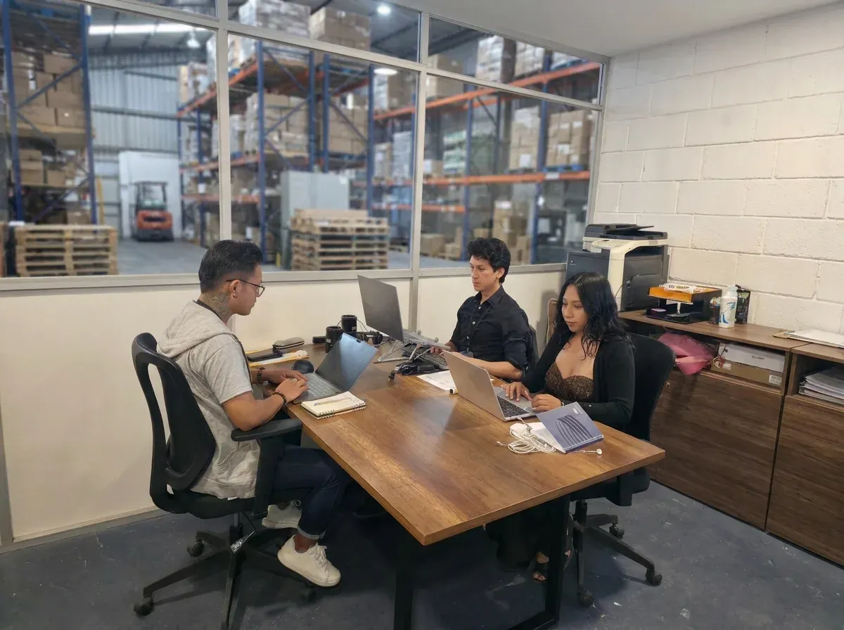 Equipo de Amerinode en reunión, con bodega de repuestos de fondo